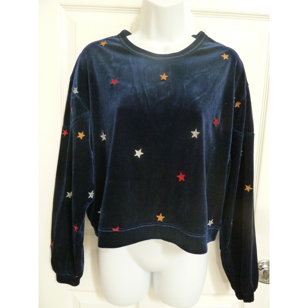 NWOT TRIXXI CLOTHING CO. Sz Med. Velour Cropped Pullover Top Embroidered Stars